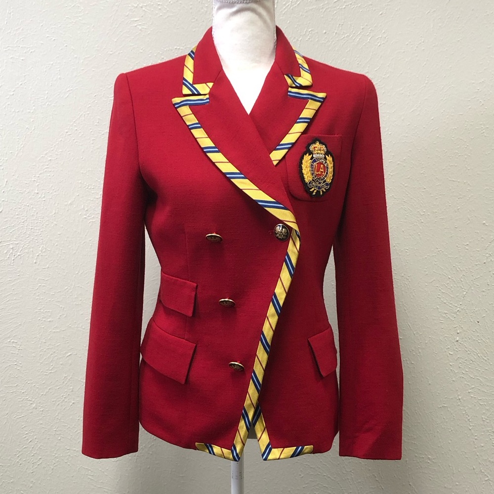 Gossip Girl Like New Philippe Adec Ribbon Trim Wool Blend Crest Blazer, size 8